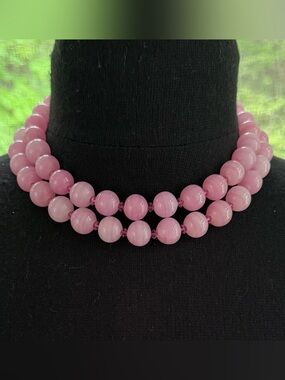 KEP Designs Double Strand Pink Beads Choker Necklace Rhinestone Screw Clasp